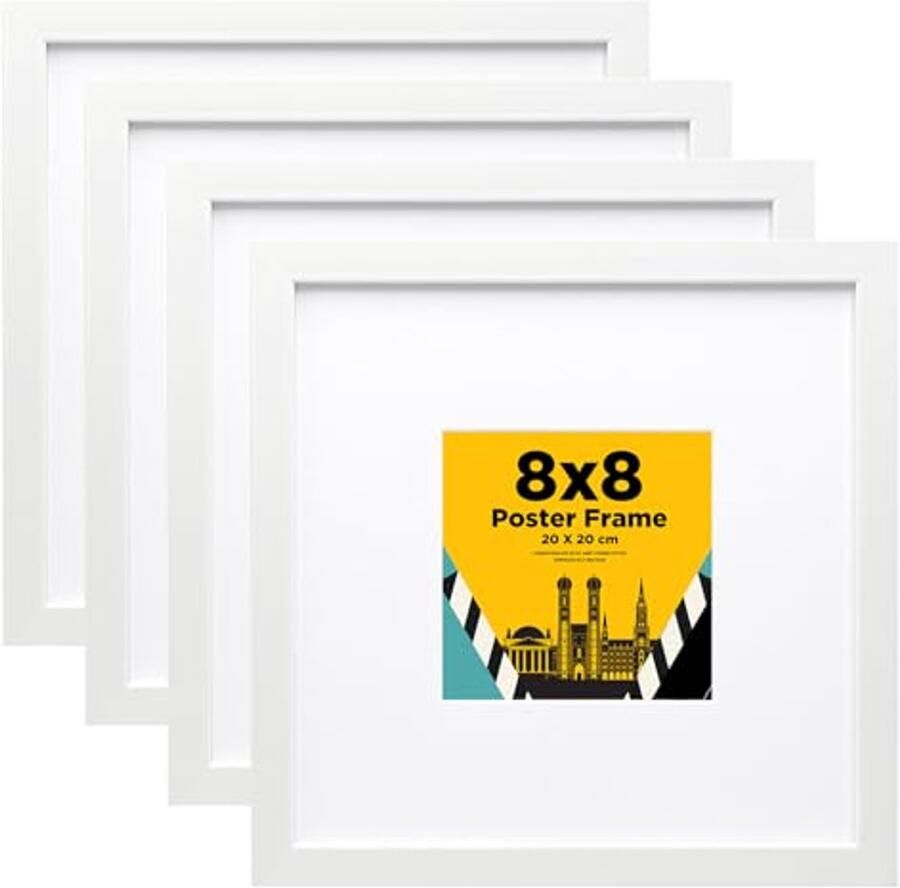 Set van 4 Witte Fotolijsten 20 x 20 cm Stevig Hout en Echt Glas voor Muur en Tafel