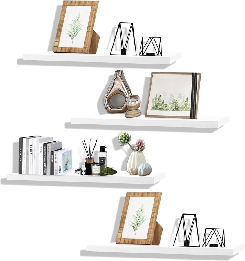 Allecto Plus Set van 4 witte wandplanken 40 x 15 cm zwevende houten planken voor moderne opslag decoratief wandrek voor woonkamer slaapkamer badkamer en keuken