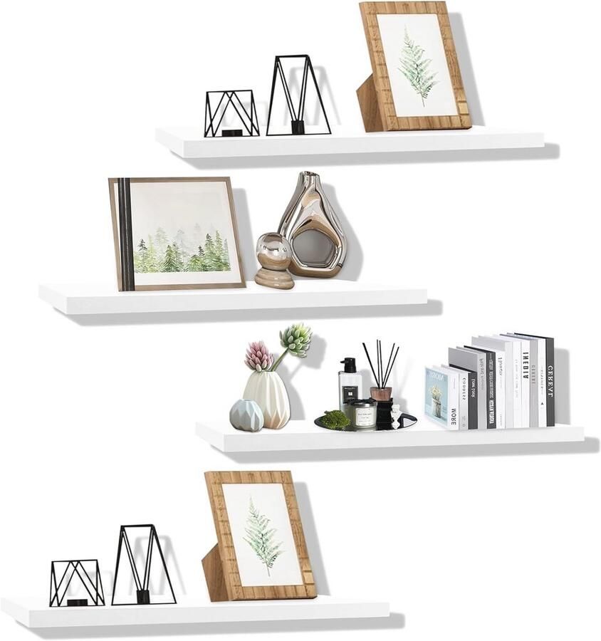 Set van 4 witte zwevende wandplanken 40 x 15 cm voor multifunctionele opslag en decoratie