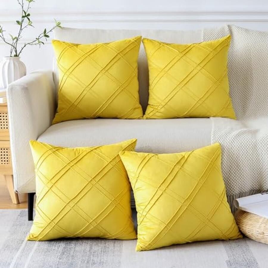Set van 4 zachte fluwelen sierkussenhoezen diamantpatroon voor bank auto terras en slaapkamer (45x45 cm geel)
