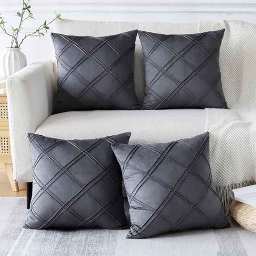 Set van 4 Zachte Fluwelen Sierkussenhoezen met Diamantpatroon Vierkante Kussenslopen voor Bank Auto en Woonkamer (45x45 cm Donkergrijs)