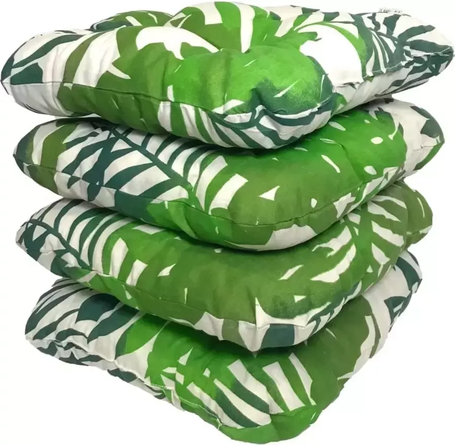 Set van 4 zitkussen 38 x 38 cm zitkussen stoelkussen voor binnen en buiten zachte kussens voor tuinstoelen kussens met 8 cm Schuimvulling made in Poland (groene bladeren)