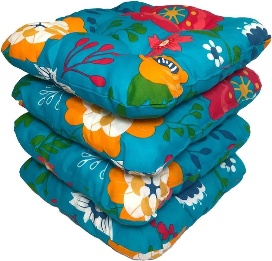 Set van 4 zitkussens 38 x 38 cm zitkussen stoelkussen voor binnen en buiten zachte kussens voor tuinstoelen kussens met 8 cm schuimvulling gemaakt in Polen Suzablaue bloemen