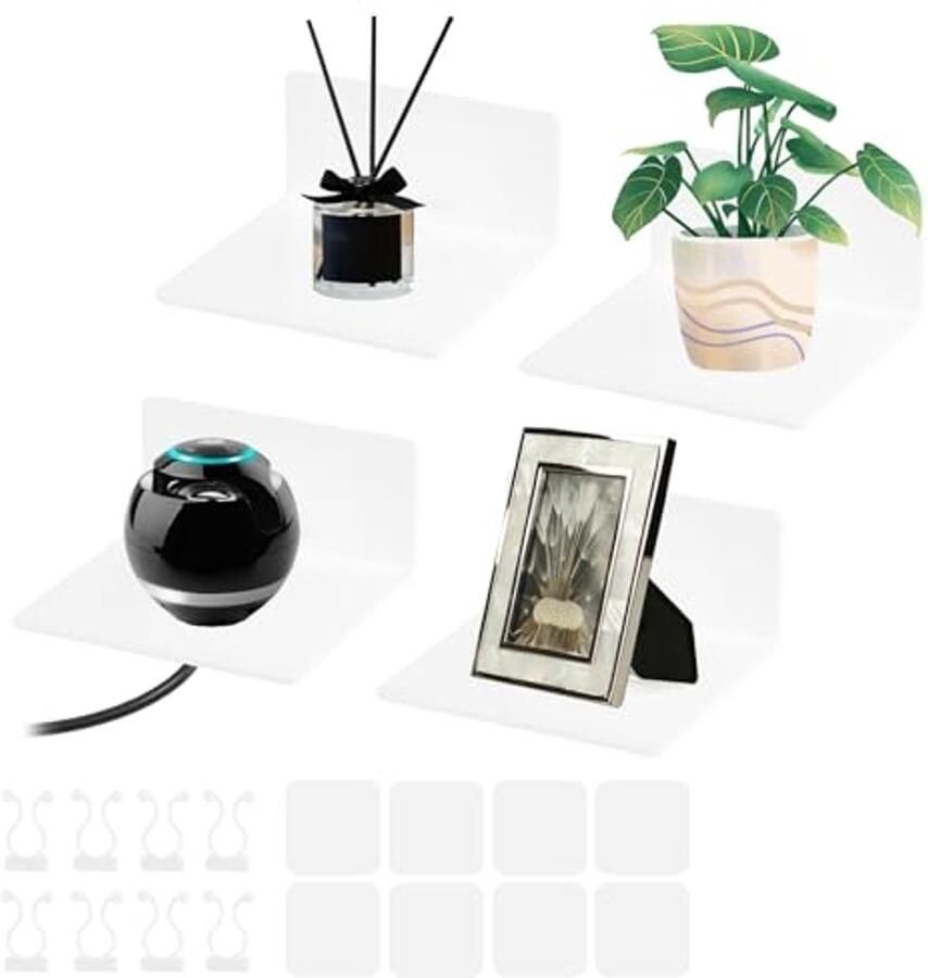 Set van 4 zonder boren wandrekken – Zwevende acryl planken voor decoratie in keuken badkamer kantoor en woonkamer