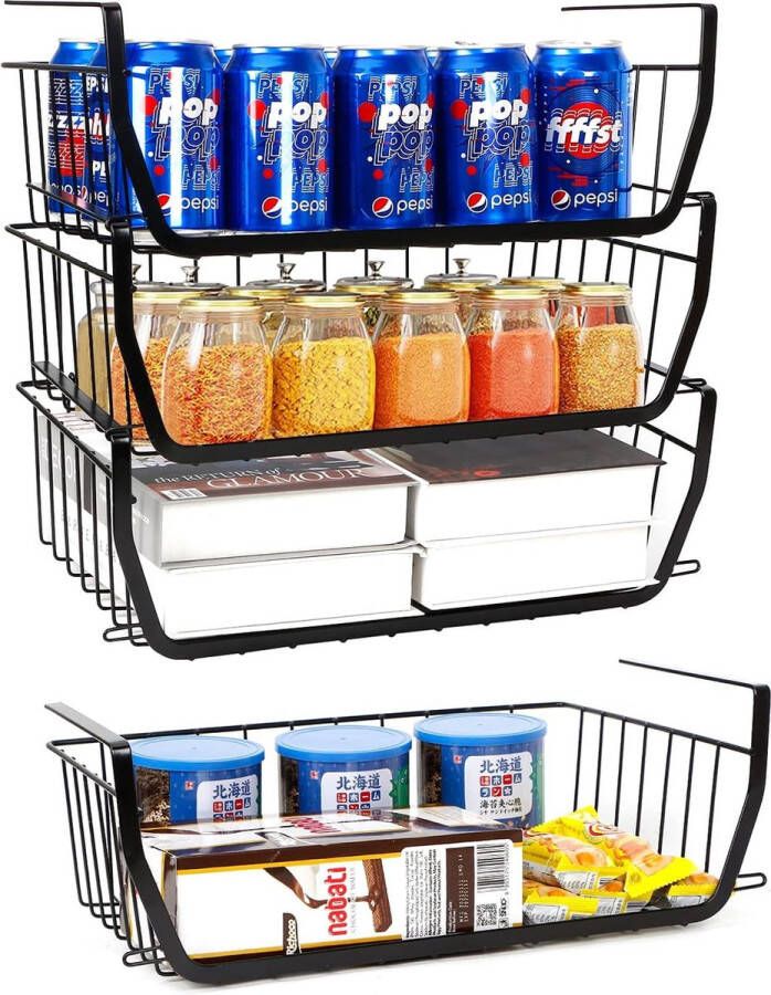 Set van 4 zwarte opbergmanden onderrek hangende metaaldraad opbergmand organizer voor keuken eetkamer badkamer kast