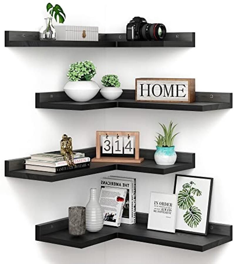 Set van 4 zwevende hoekplanken Rustieke grenen wandplanken voor decoratie en opslag