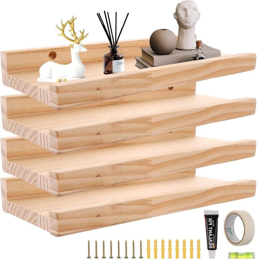 Set van 4 Zwevende Wandplanken Houten Planken voor Woonkamer Keuken en Slaapkamer