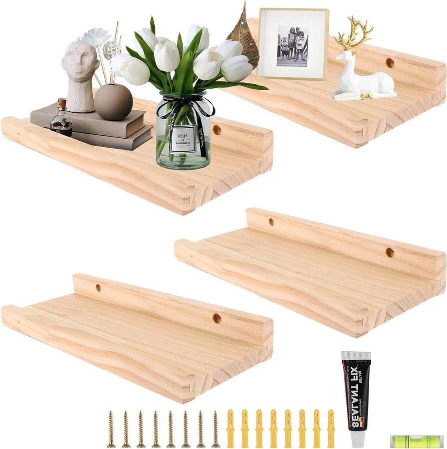Set van 4 zwevende wandplanken multifunctioneel 4 stuks hout 30 cm