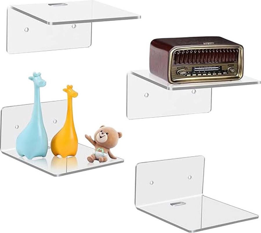 Set van 4 zwevende wandplanken van acryl transparante wandplanken zwevende planken zonder boren kleine wandplanken acryl wandplanken voor woonkamer badkamer slaapkamer kantoor