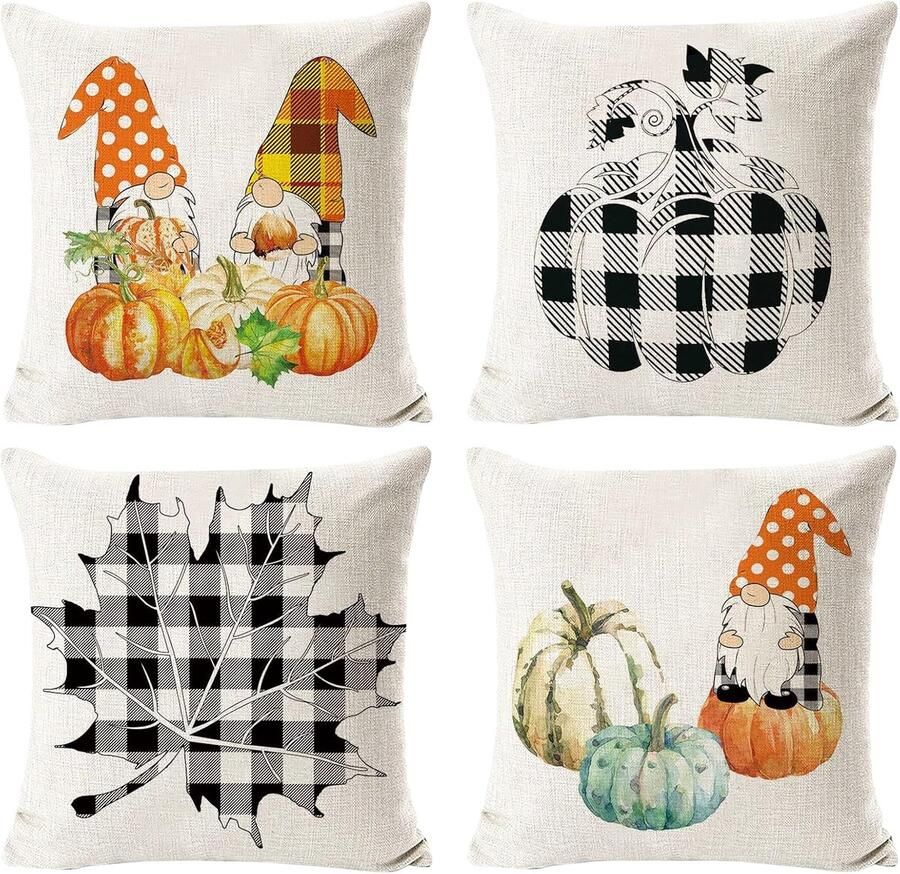 Set van 4x kussenslopen Herfst Decor Kussenslopen Herfst Kleuren Pompoen Decoratieve Kussenslopen Kussensloop 45x45 cm pompoen decoratieve Thanksgiving kussensloop Linnen kussensloop sierkussens voor bank slaapkamer home