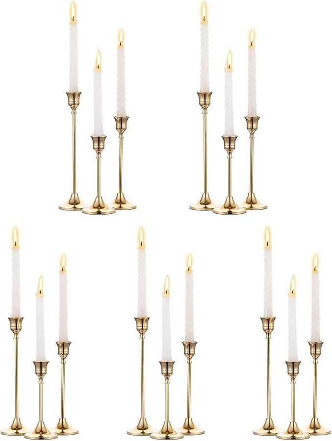 Set van 5 (15 stuks messing gouden metalen taper kandelaars vintage kaarsenstandaard voor tafel schoorsteenmantel bruiloft housewarming cadeau kaarsenhouder staafkaars voor kerstdecoratie