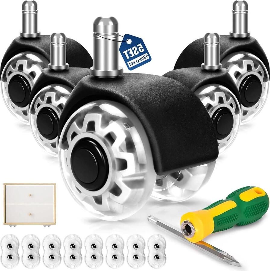 Set van 5 bureaustoelwielen 11 x 22 mm reservewielen voor bureaustoel rubberen wielen krasbestendig gevoelige vloeren robuust stil glad