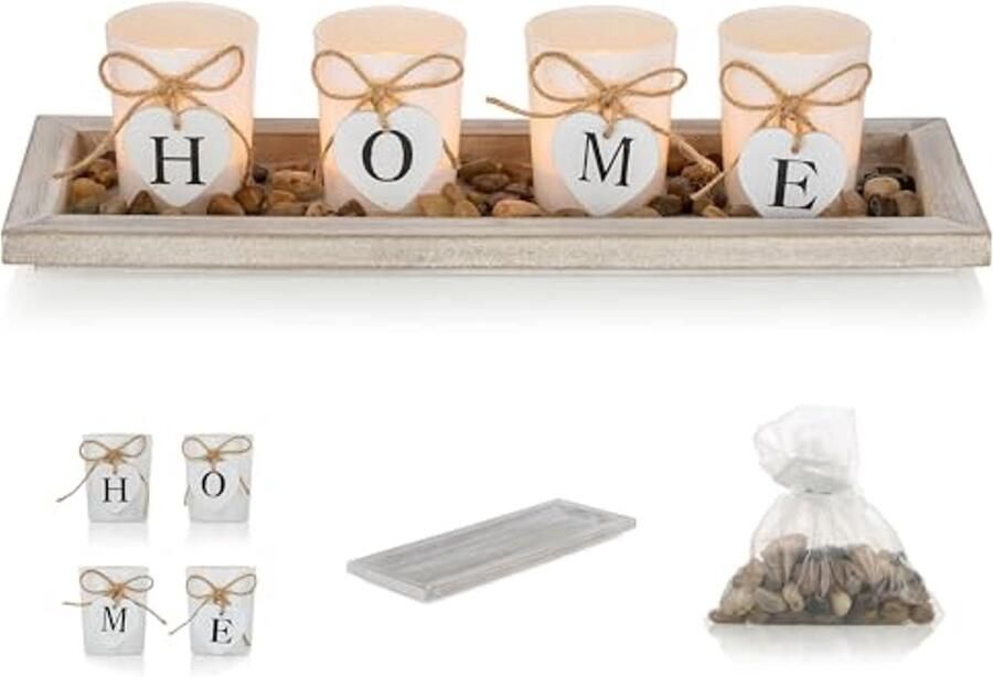 Set van 5 Decoratieve Kandelaars met Dienblad voor Een Rustieke Tafel