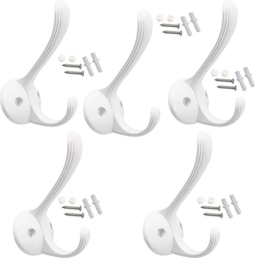Set van 5 dubbele wandhaken 105x65x75 mm asafstand 36 mm haak hanger kleerhanger ophanging garderobe hoed badjas badkamer handdoek douche toilet wit metaal huisdecoratie