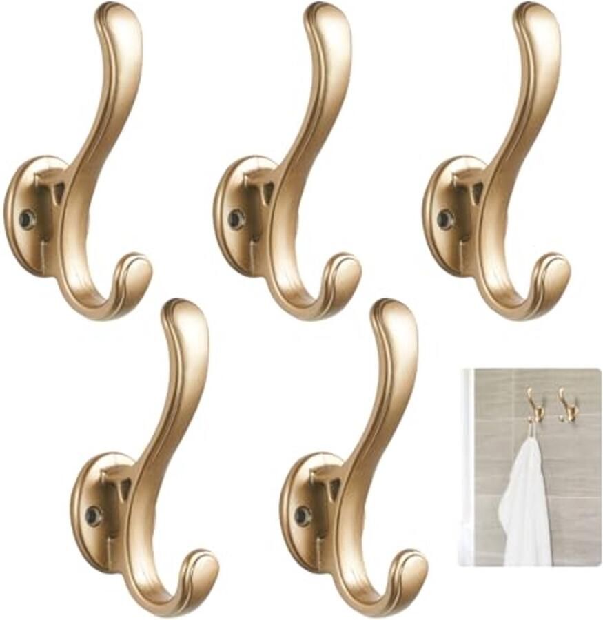 Set van 5 gouden wandhaken Vintage dubbele kapstokhaken van aluminium voor woonkamer badkamer en meer