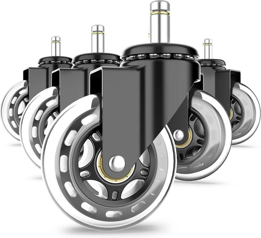 Set van 5 Harde vloer bureaustoelwielen 10 mm x 22 mm tot 250 kg Krasvrije & geruisloos rollen Rubber wielen