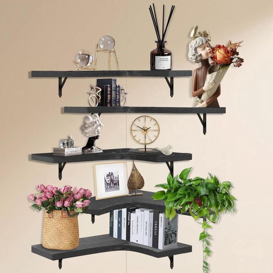 Set van 5 hoekwandplanken zwevende plank van massief hout 43 x 33 x 8 cm zwart houten rek voor keuken badkamer slaapkamer woonkamer originele houtnerf wandplanken corner shelf wall