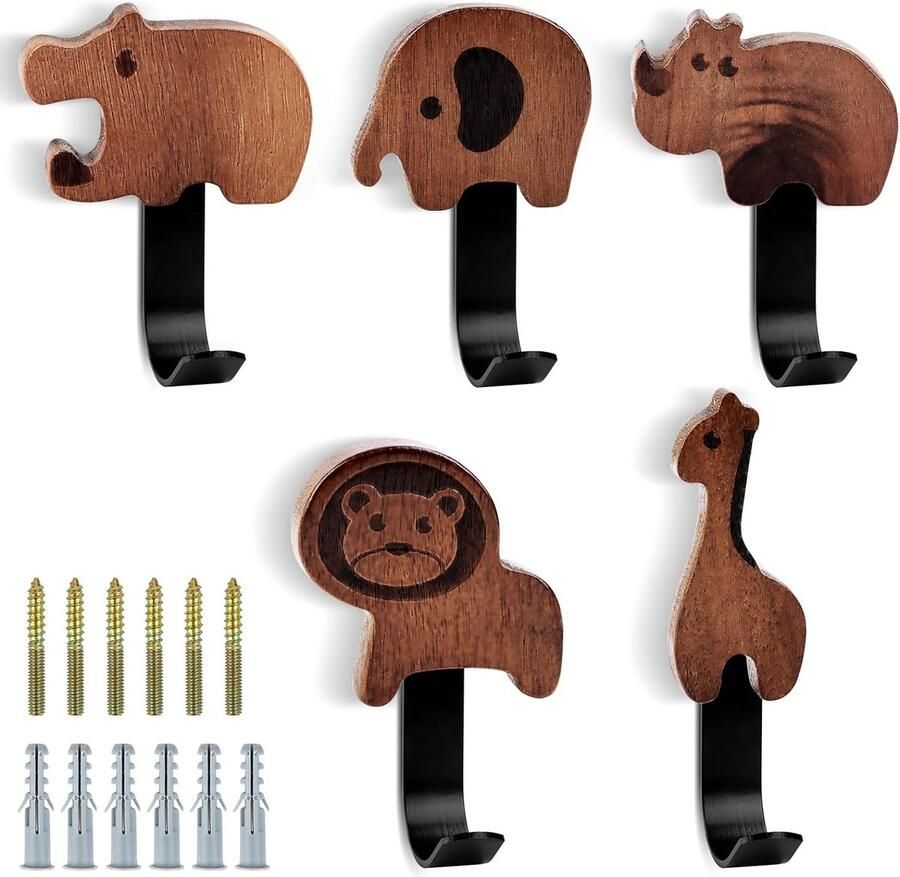 Set van 5 Houten Dierenhaakjes Dieren met schroef en plug Kapstok Haak Haakjes Kinderkamer Giraffe Leeuw Olifant Nijlpaard Neushoorn Babykamer Ophangen