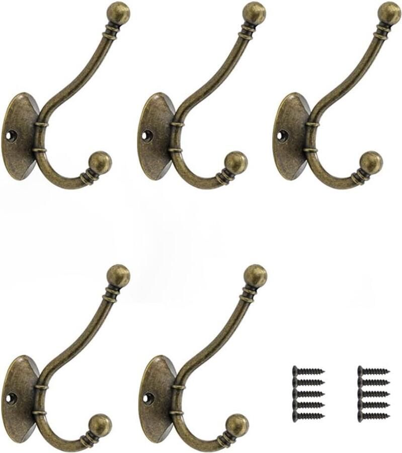 JGS Set van 5 kapstokken vintage bronzen muurhaken metalen kapstokken zware muurhaken vintage met schroeven voor garderobe badkamer keuken kantoor