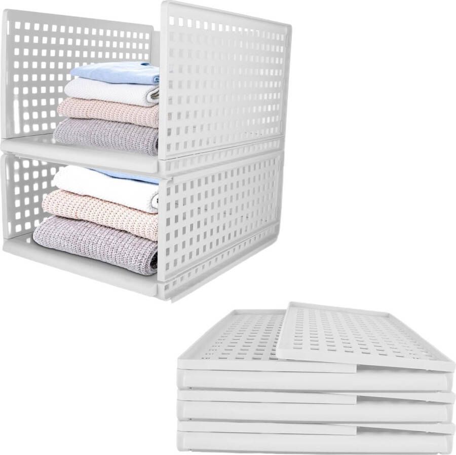 Set van 5 ladeboxen stapelbaar 42 5 x 33 x 18 cm kledingkast organizer wit opvouwbaar rek opbergdoos plastic opbergkisten kastorganizer voor thuis slaapkamer keuken