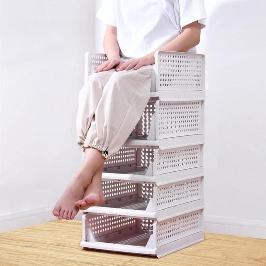 Set van 5 opvouwbare plastic opbergdozen ladekast stapelbare kledingkastorganizer plankopbergdoos plankmanden kledingkast stapelladen opbergdozen voor keuken slaapkamer wit