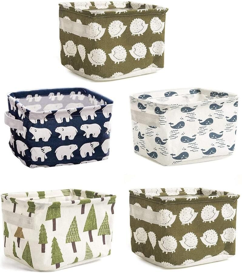Set van 5 opvouwbare vierkante opbergmanden gemaakt van linnen stof voorzien van handvatten aan beide zijden ideaal voor kinderkamers kasten planken en bureaus