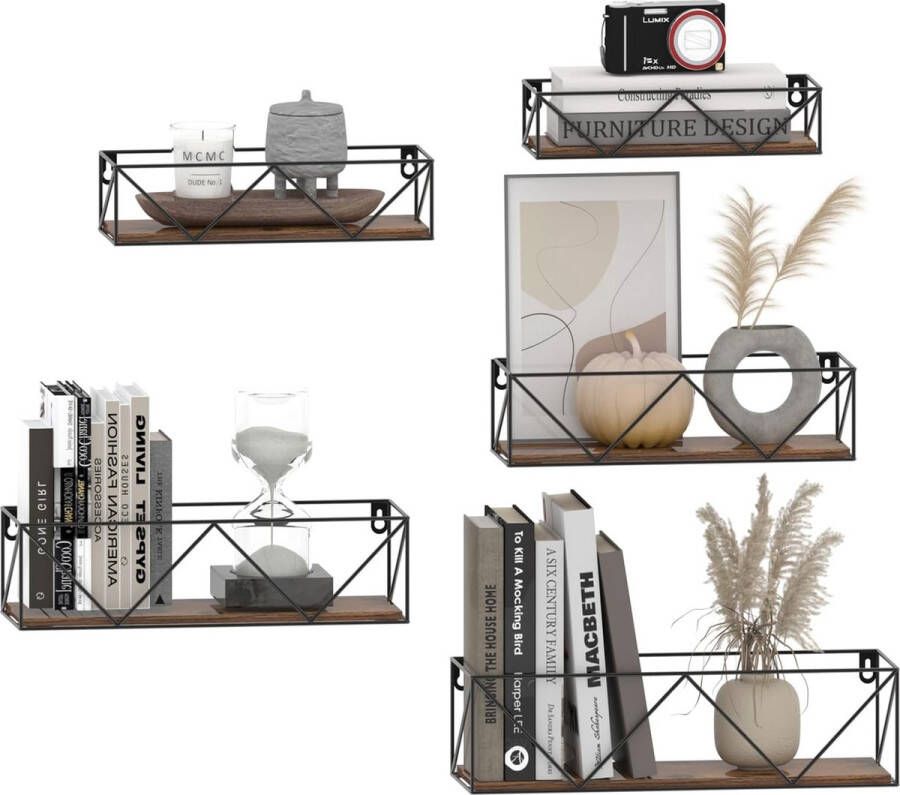 Set van 5 wandplanken zwevend rek met zwarte metalen staven en bruine houten plank rustieke wandplank voor keuken badkamer slaapkamer woonkamer en kantoor (W-vormig)