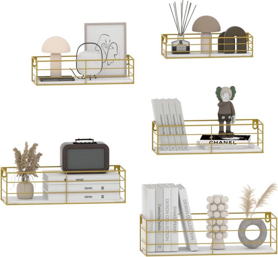 Set van 5 wandplanken zwevende planken met gouden metalen staven en witte houten plank moderne wandplanken voor keuken badkamer slaapkamer woonkamer en kantoor (rechthoekig)