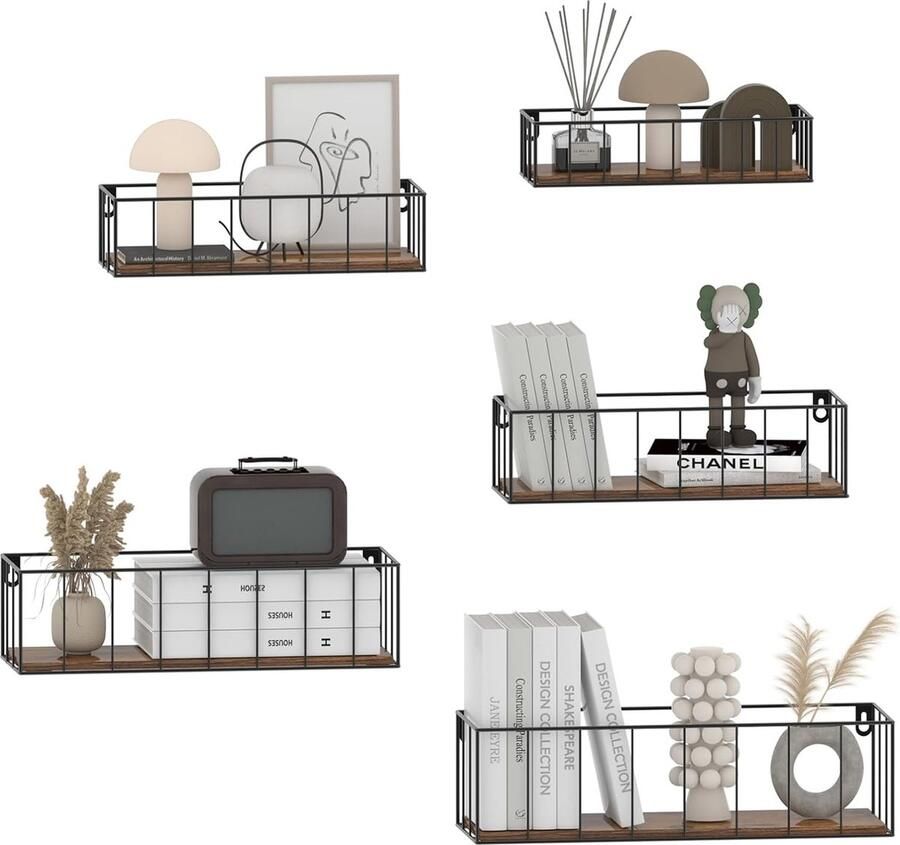 Set van 5 wandplanken zwevende planken met zwarte metalen staven en bruine houten plank rustieke plankenwand voor keuken badkamer slaapkamer woonkamer en kantoor (verticale lijn)