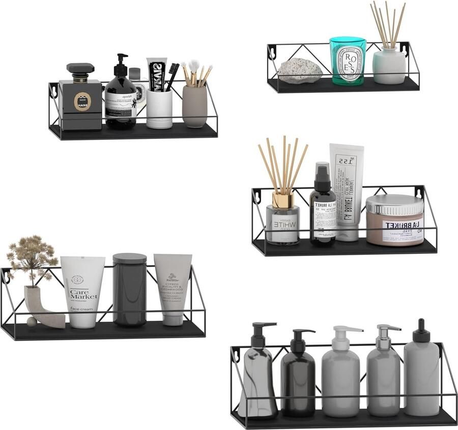 Set van 5 wandplanken zwevende planken met zwarte metalen staven en zwarte houten plank rustieke plankenwand voor keuken badkamer slaapkamer woonkamer en kantoor (M-vormig)