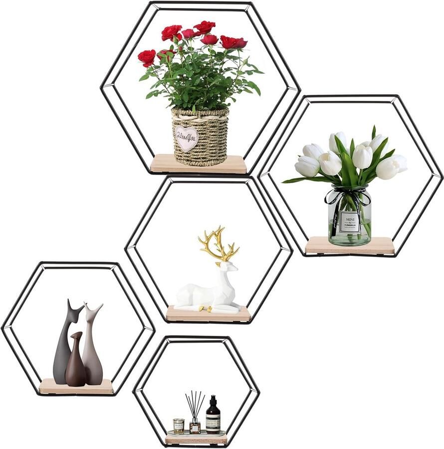 Set van 5 zeshoekige planken zwart wandrek van metaal voor keukenrek badkamer slaapkamer wanddecoratie multifunctioneel decoratief systeem