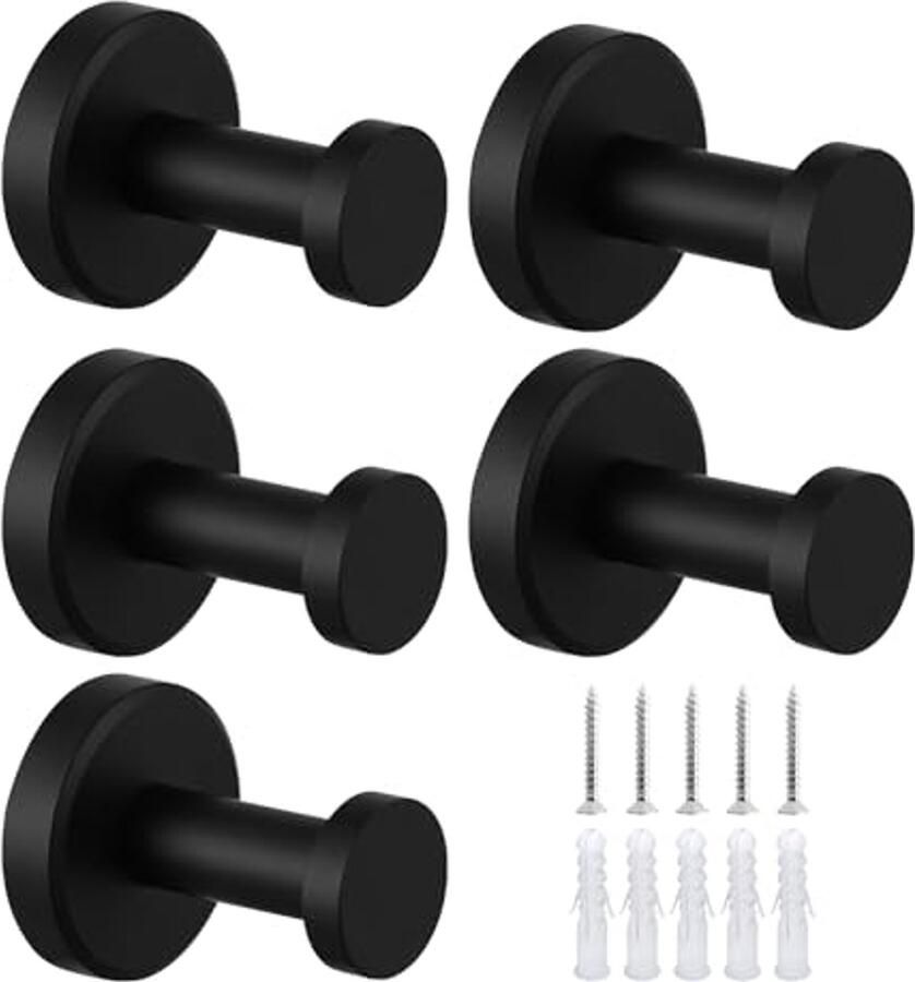 Set van 5 zwarte cilindrische haken met expansieschroeven kapstokken voor slaapkamer roestvrijstalen muurhaken cilindrische enkele haken kapstokken voor badkamer multifunctionele muurhaken