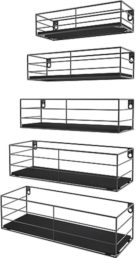 Set van 5 zwevende wandplanken in zwart hout en metaal voor keuken badkamer en woonkamer