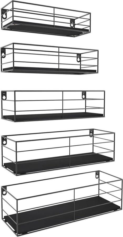 Set van 5 zwevende wandplanken met klassieke zwarte houten plank en zwart metalen design voor alle ruimtes in huis en kantoor