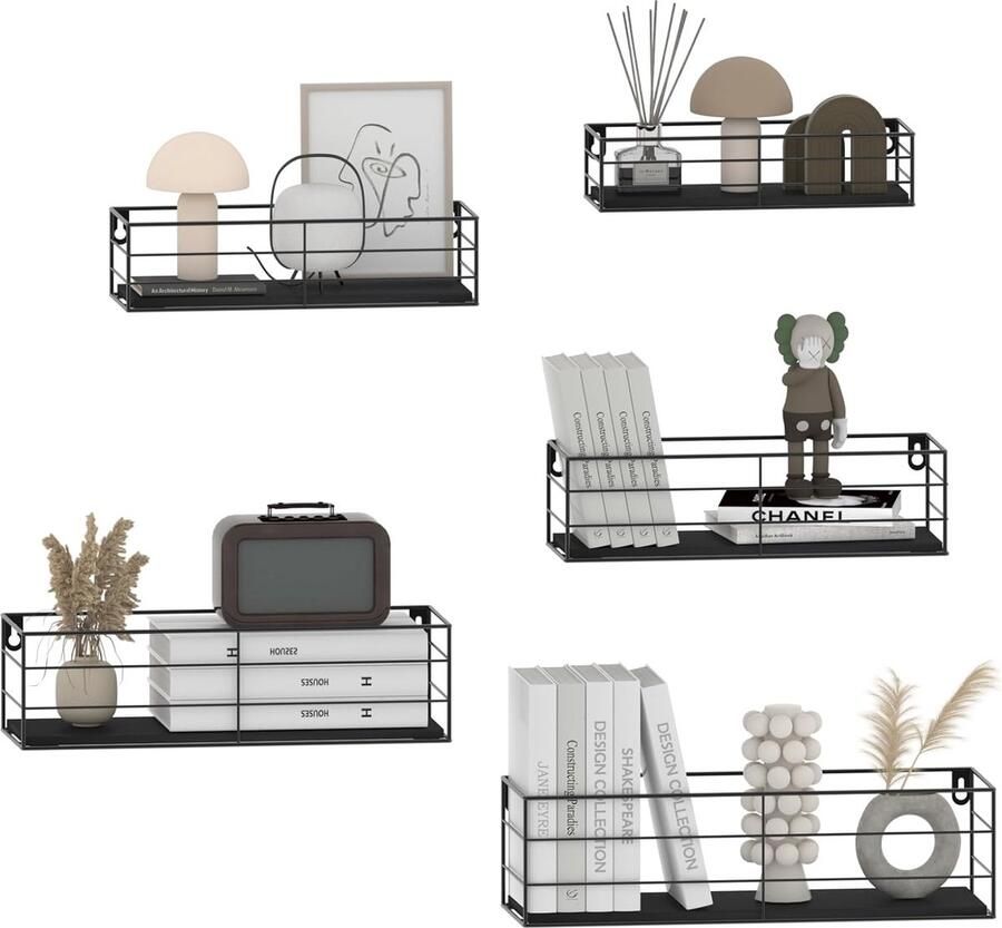 Riokem Set van 5 wandplanken zwevende planken met zwarte metalen staven en zwart houten bord rustieke plankenwand voor keuken badkamer slaapkamer woonkamer en kantoor (rechthoekig)