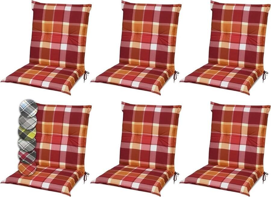 Set van 6 Comfortabele Tuinkussens voor Tuinstoelen met Lage Rugleuning Rood Geruit 100 x 50 cm