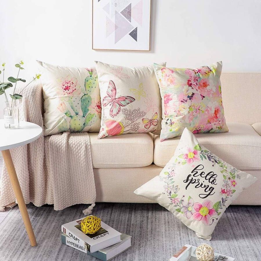 Set van 6 decoratieve kussenhoezen 45 x 45 cm polyester linnen kussenslopen sierkussen kussenhoes set kussen case voor bank auto slaapkamer thuis decoratie kleurrijke bloemen