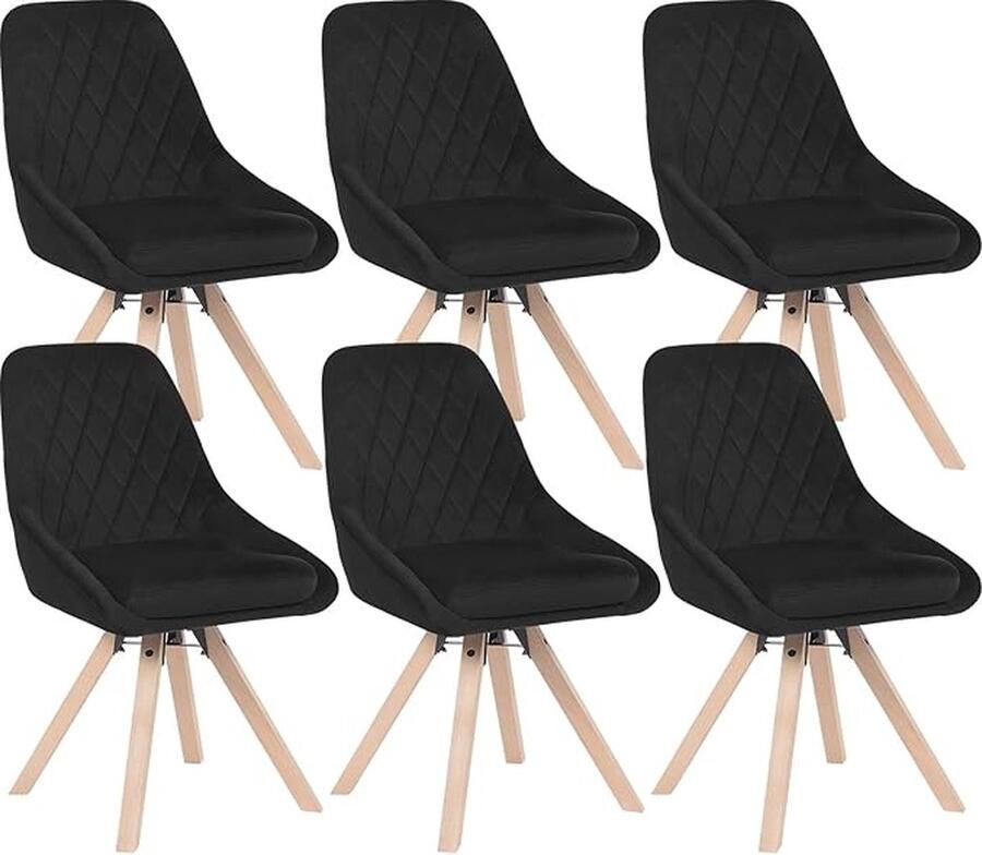 Set van 6 draaibare eetkamerstoelen Scandinavische keukenstoelen woonkamerstoelen stoelen met gestoffeerde zitting massief houten poten fluwelen stoelen zwart BH359sz-6