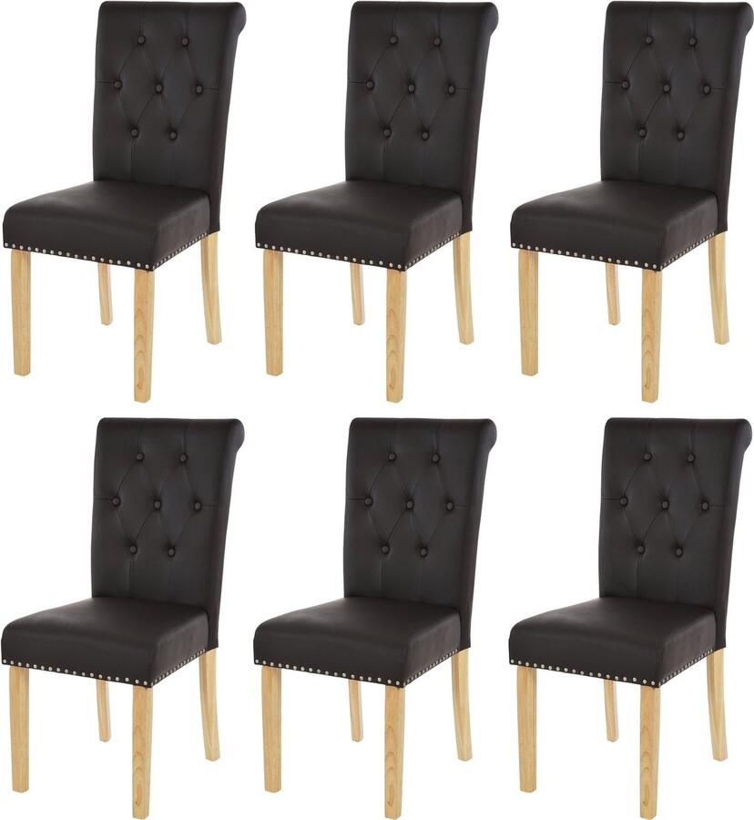 Set van 6 eetkamerstoelen Chesterfield II keukenstoel klinknagels ~ kunstleer koffie lichtgekleurde poten