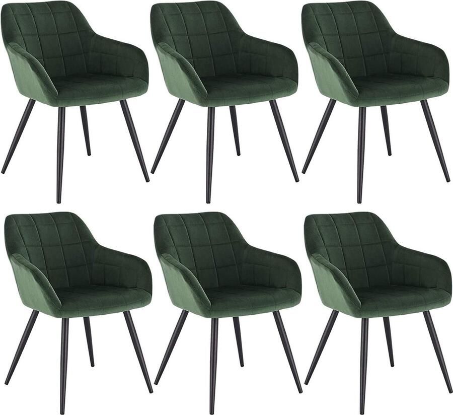Rootz Living Rootz Set van 6 Eetkamerstoelen Fauteuils Fluwelen zitting Comfortabel en ergonomisch Stabiel en duurzaam Veelzijdig ontwerp Donkergroene metalen poten 49 cm x 43 cm x 81 cm