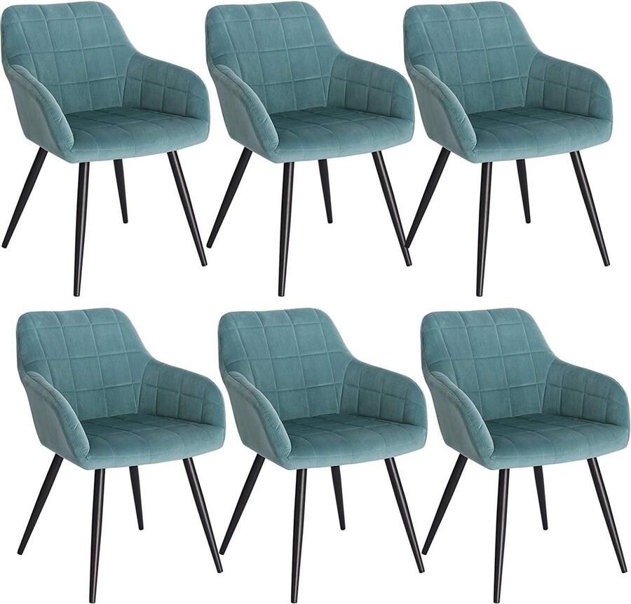 Rootz Living Rootz Set van 6 eetkamerstoelen Fluwelen fauteuils Turquoise metalen poten Comfortabel ergonomisch stabiel 49 cm x 43 cm x 81 cm
