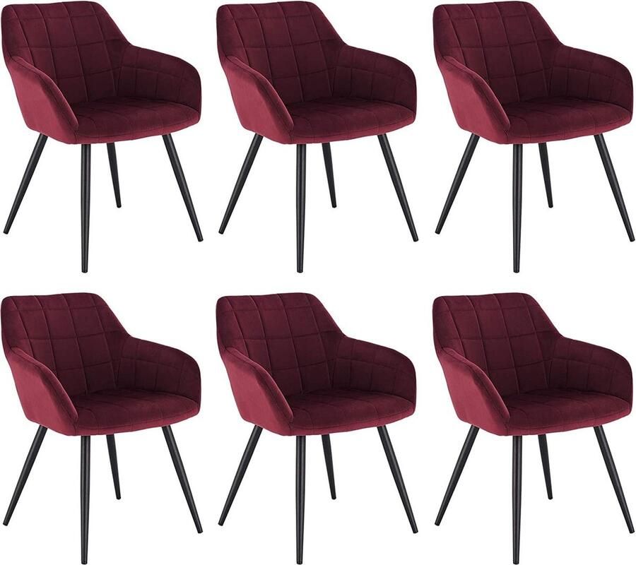 Rootz Living Rootz Set van 6 fluwelen eetkamerstoelen Fauteuils met metalen poten Bordeaux Comfortabel duurzaam veelzijdig Zitting 49 cm x 43 cm hoogte 81 cm