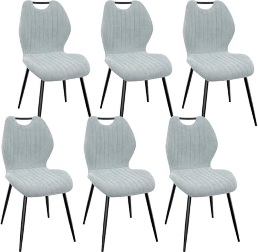 Set van 6 gestoffeerde eetkamerstoelen met hoge rugleuning en zwarte metalen poten