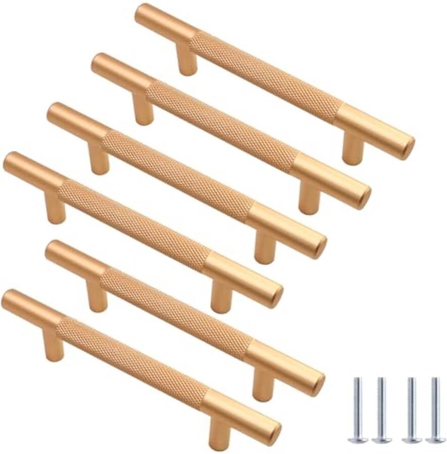 Set van 6 Gouden T-Staaf Handgrepen voor Kledingkasten en Laden Diamantpatroon 96 mm