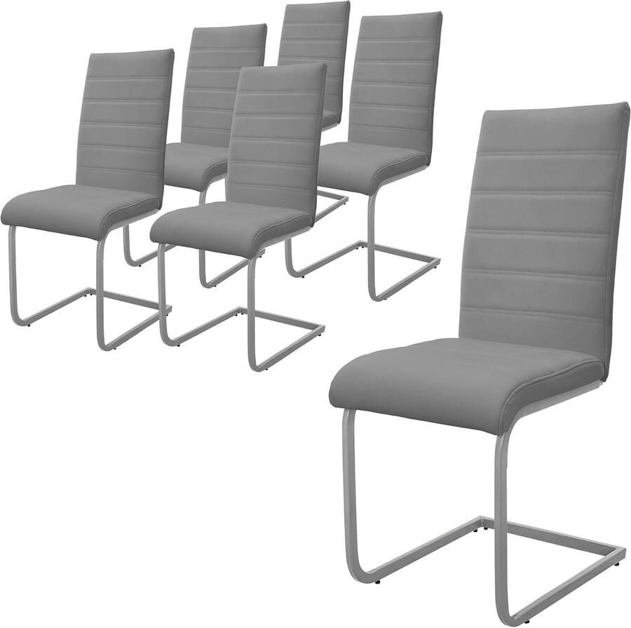 Set van 6 Grijze Ergonomische Eetkamerstoelen met Hoog Rugleuning Comfortabele Schommelstoel Sledestoelen voor Woonkamer en Keuken