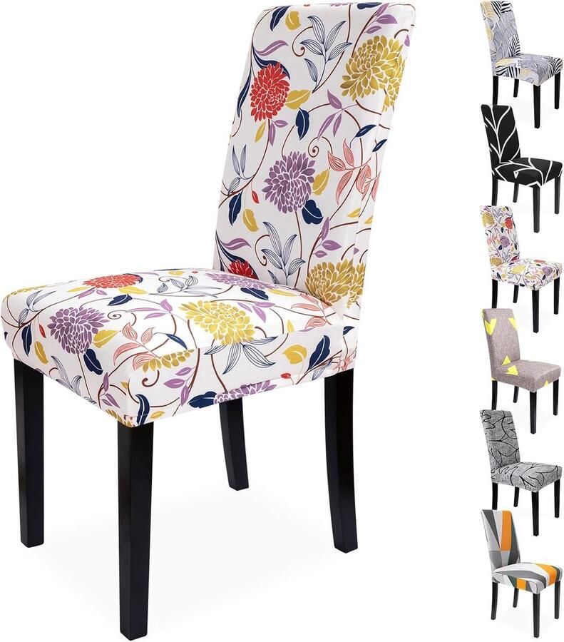 Set van 6 Grote Stretch Stoelhoezen met Bloemenpatroon Afneembaar en Wasbaar voor Woonkamer Eetkamer en Slaapkamer