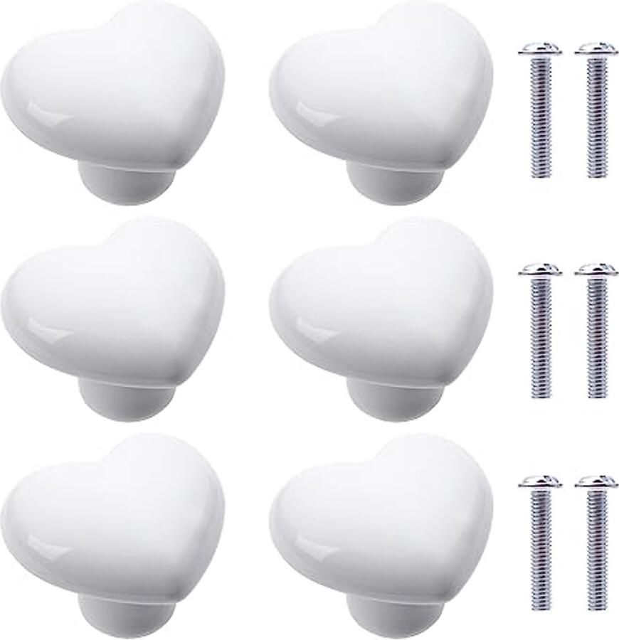 Set van 6 Hartvormige Keramische Meubelknoppen voor Kinderkamer en Keuken