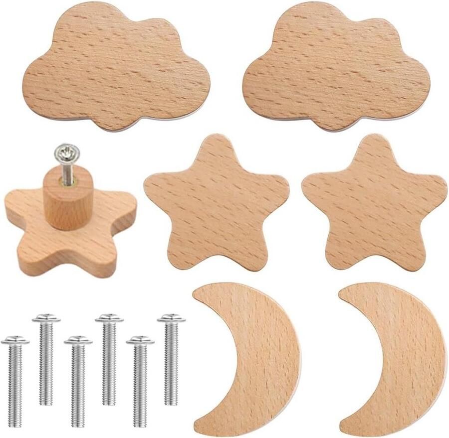 Set van 6 houten ladeknoppen meubelknoppen met schroeven geschikt voor kinderkamerkasten kastknoppen kinderkamer