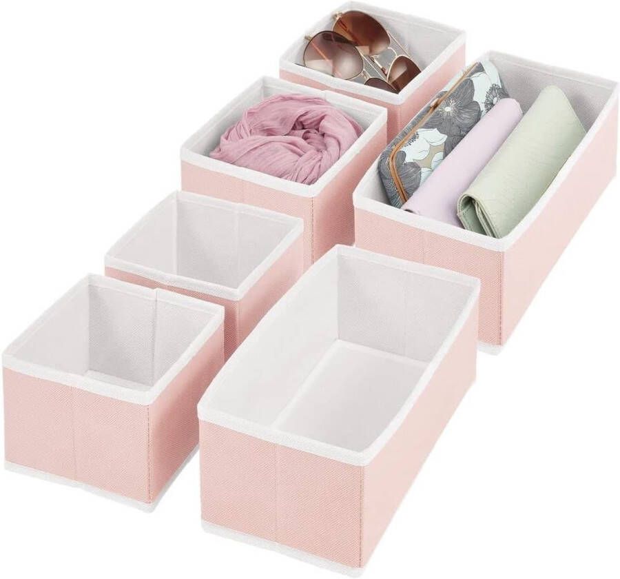 Set van 6 kledingkast organizers opbergkist voor de lade in verschillende maten kastbox van stof voor het opbergen van sokken ondergoed enz. roze en wit