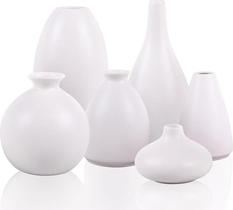 Set of 6 Small White Ceramic Flower Vases Charming Matte Finish Modern Boho Decoration Unique Mini Bud Vase Centerpieces for Home Perfect for Coffee Table Bookshelf Cloak Entrance